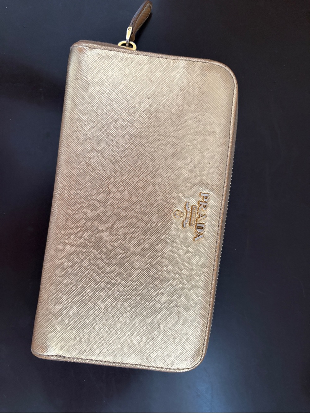 Prada Metallic Gold Saffiano Zip Wallet